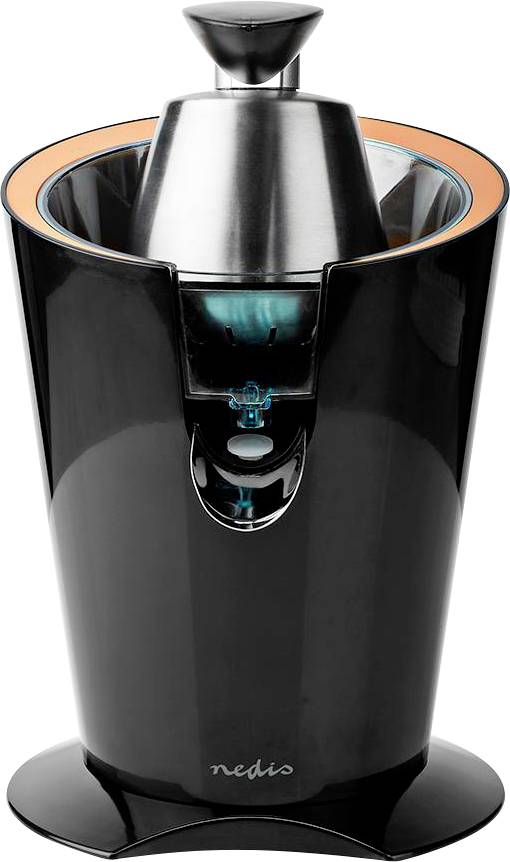 Un extracteur de jus élégant en noir et chrome, doté d'un bec verseur et d'un pressoir conique sur le dessus, conçu pour extraire le jus des agrumes.