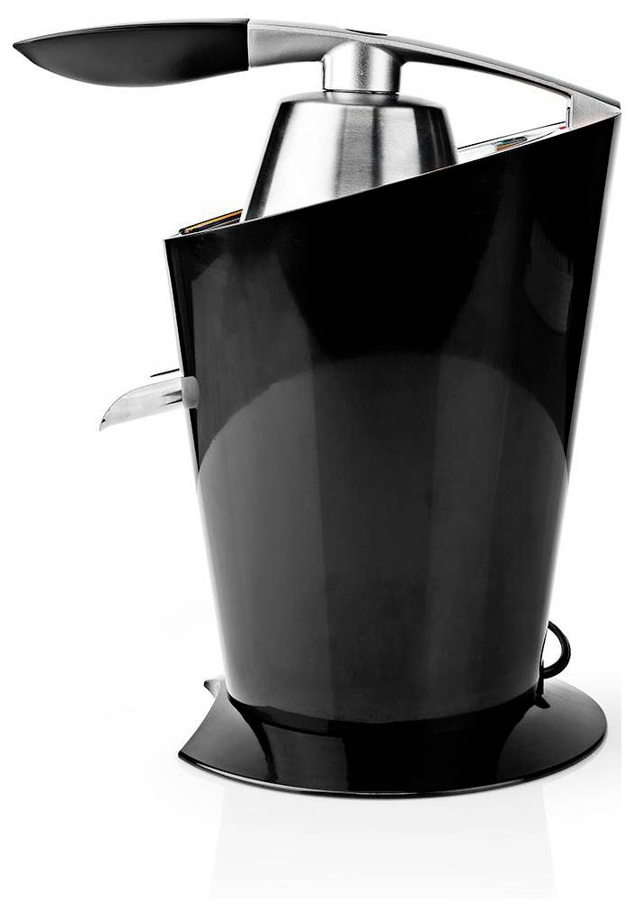 Un extracteur de jus élégant et moderne en noir, doté d'un couvercle et d'une poignée en acier inoxydable, équipé d'un bec verseur et d'un cordon d'alimentation intégré.