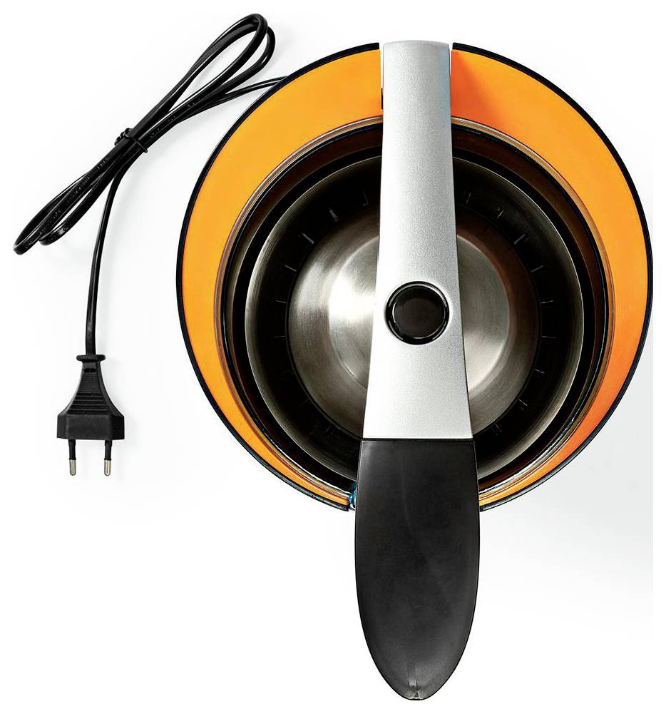 Vue de dessus d'un presse-agrumes électrique avec une base orange et noire, une poignée argentée et une prise branchée, montrant son design compact.