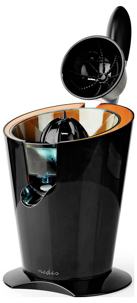Presse-agrumes électrique en noir avec un couvercle ouvert, révélant le presse-fruits.