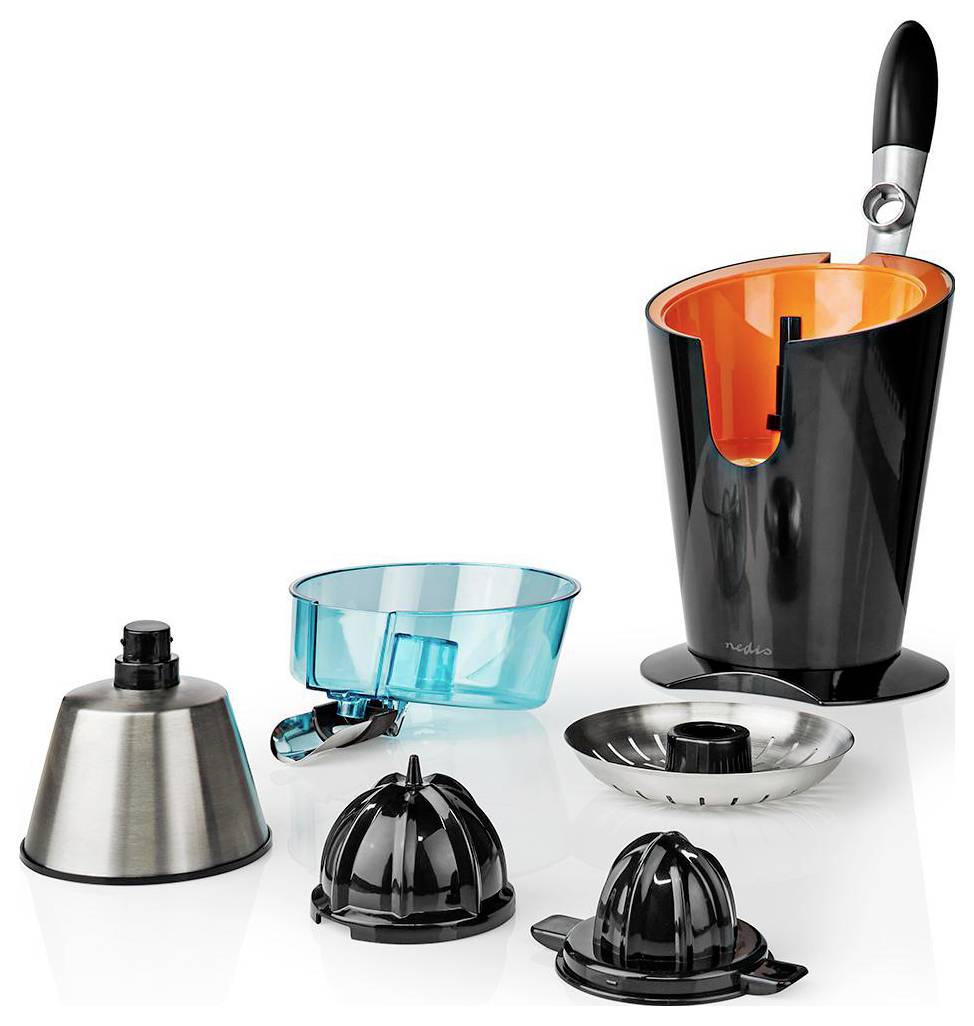 Ensemble de presse-agrumes électrique avec différentes pièces détachables, incluant une base noire et orange, un récipient en verre et trois tailles différentes de cônes pour l'extraction du jus.