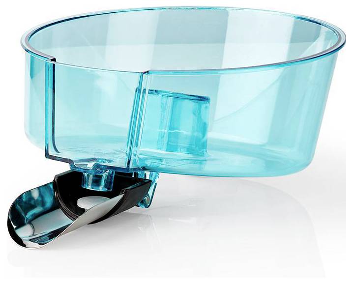 Un distributeur de céréales bleu transparent avec une poignée argentée, conçu pour verser facilement et stocker les céréales de petit-déjeuner.