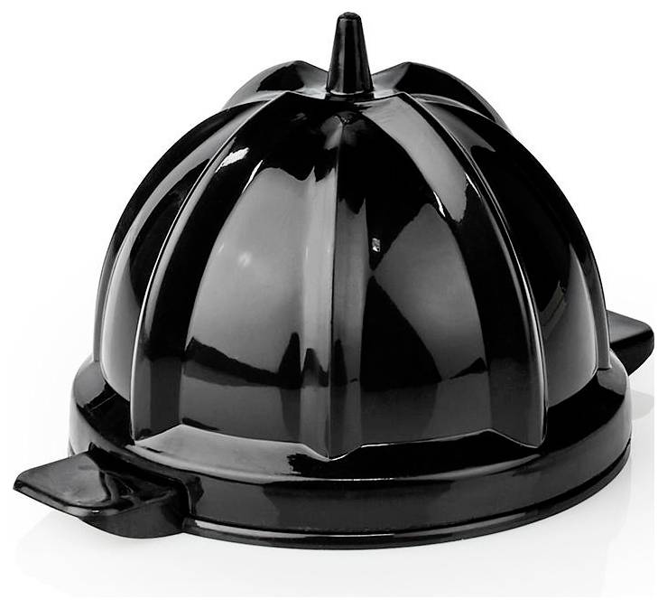 Un moule à gélatine noir en forme de dôme avec une poignée sur le côté, présentant un design courbe classique pour façonner des desserts tels que la gelée ou l'aspic.