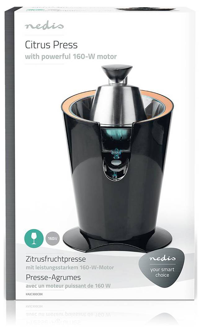 'Presse-agrumes noire avec un puissant moteur de 160 W' affiché sur une boîte de produit.