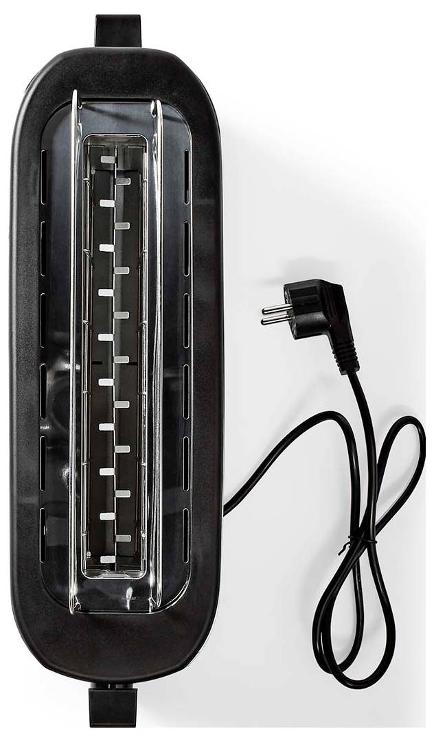 Un grille-pain noir à un seul emplacement, avec une vue latérale transparente, montrant les éléments chauffants à l'intérieur, accompagné d'une fiche électrique de style européen.