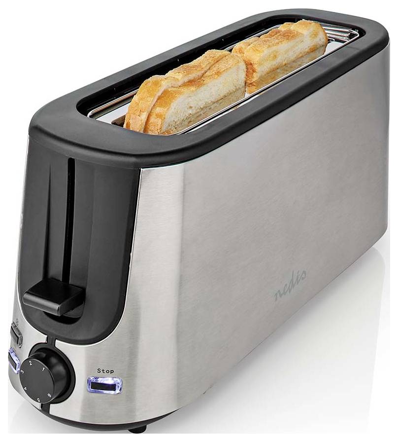 Un grille-pain en acier inoxydable avec deux tranches de pain, un levier et un bouton de réglage.