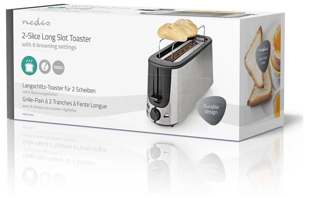 Une boîte pour un 'Grille-pain à fentes longues pour 2 tranches' avec une image du grille-pain tenant deux tranches de pain. Caractéristiques incluant 6 réglages de brunissage.