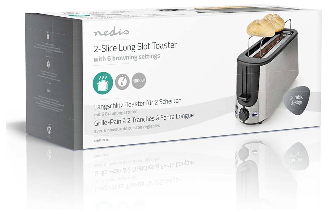Un grille-pain à deux tranches en boîte est présenté, doté de six réglages de brunissage et d'une conception robuste. Des tranches de pain sont insérées dans le grille-pain.