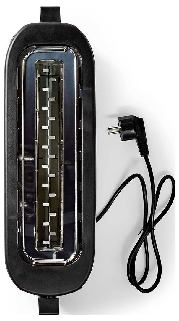 Vue aérienne d'un grille-pain noir et argenté avec un emplacement pour le pain et un cordon d'alimentation attaché.