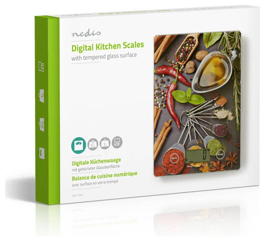 Balance de cuisine numérique avec surface en verre trempé, présentée dans un emballage à design thématique culinaire coloré, avec textes en anglais, allemand et français.