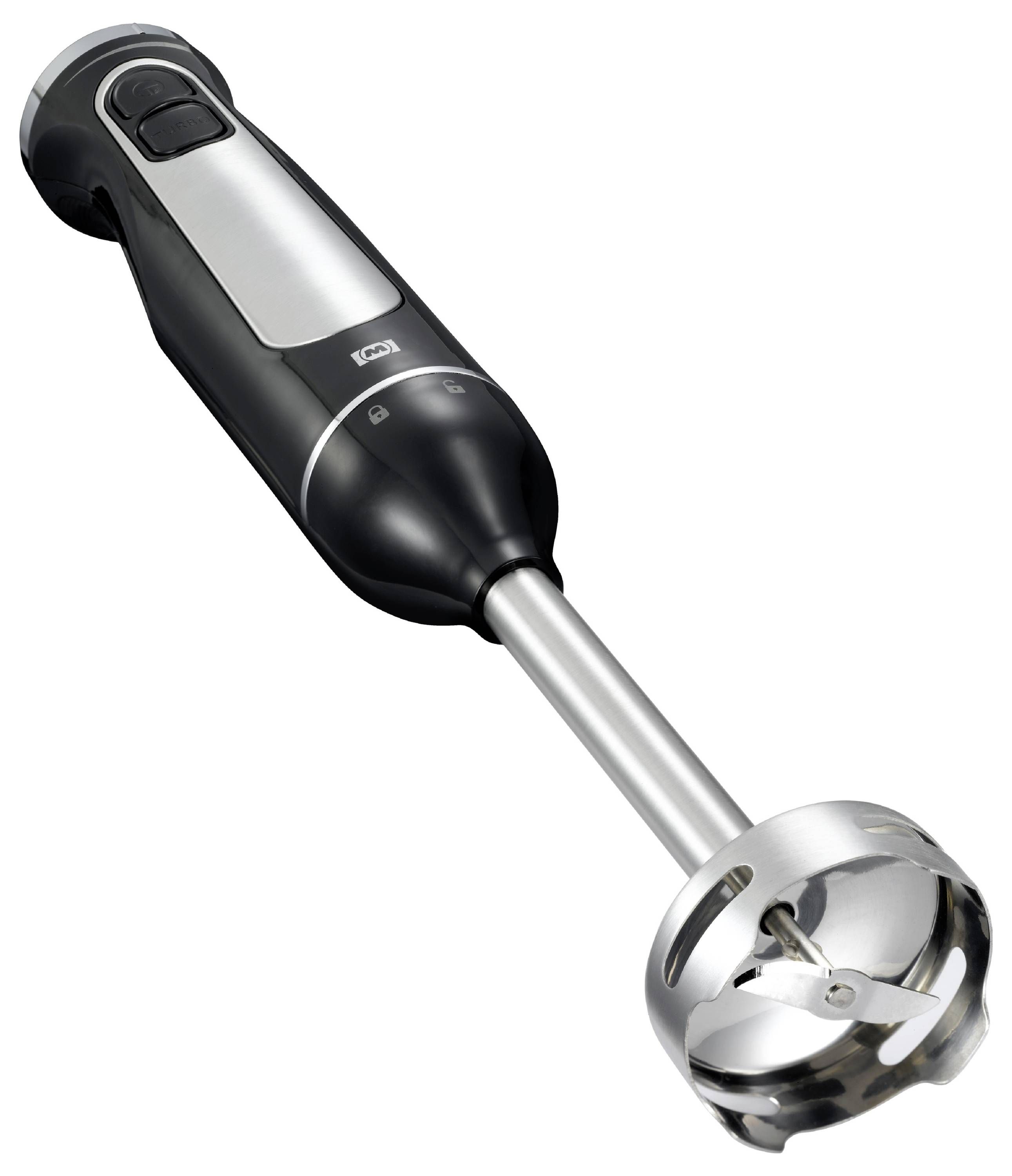 Mixeur plongeant portable avec une poignée noire, une tige de mixage argentée et une lame en acier inoxydable. Utilisé pour mélanger ou réduire des aliments en purée.