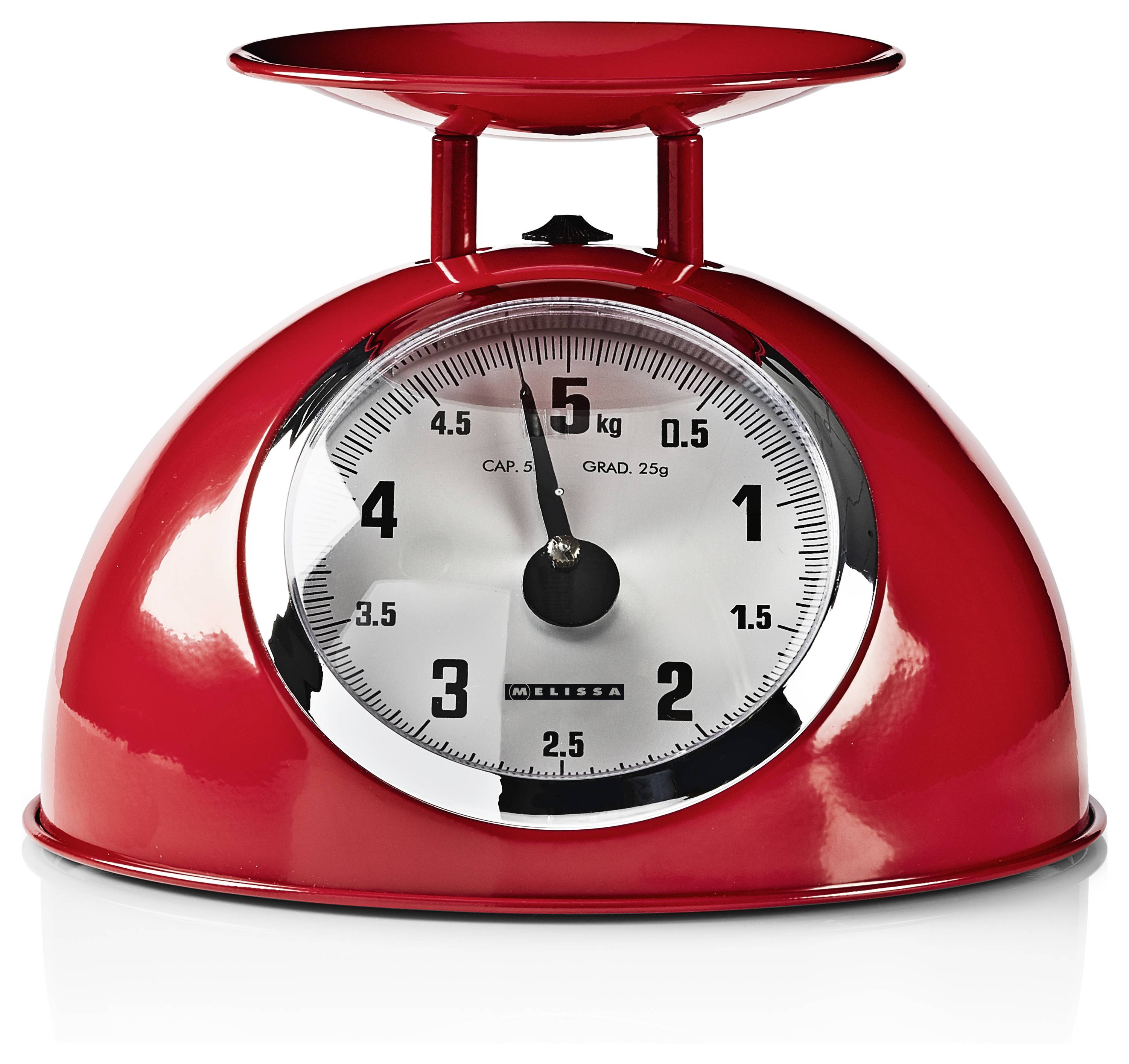 Une balance de cuisine analogique rouge affichant un poids proche de 2,5 kilogrammes.