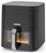 Un air fryer noir avec une fenêtre transparente montrant une lumière à l'intérieur, portant la marque 'Melissa' sur le devant, avec un affichage numérique sur le dessus.
