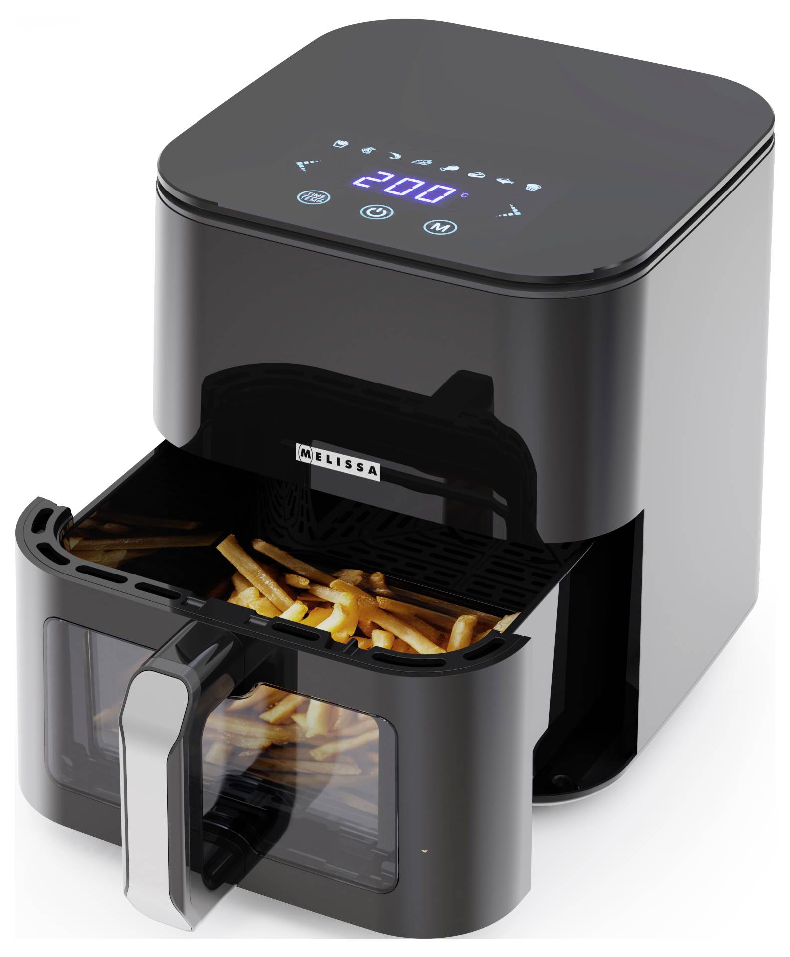 Un air fryer noir avec affichage numérique réglé à 200°C est ouvert, montrant des frites cuites à l'intérieur. La lumière intérieure est allumée, illuminant les frites.