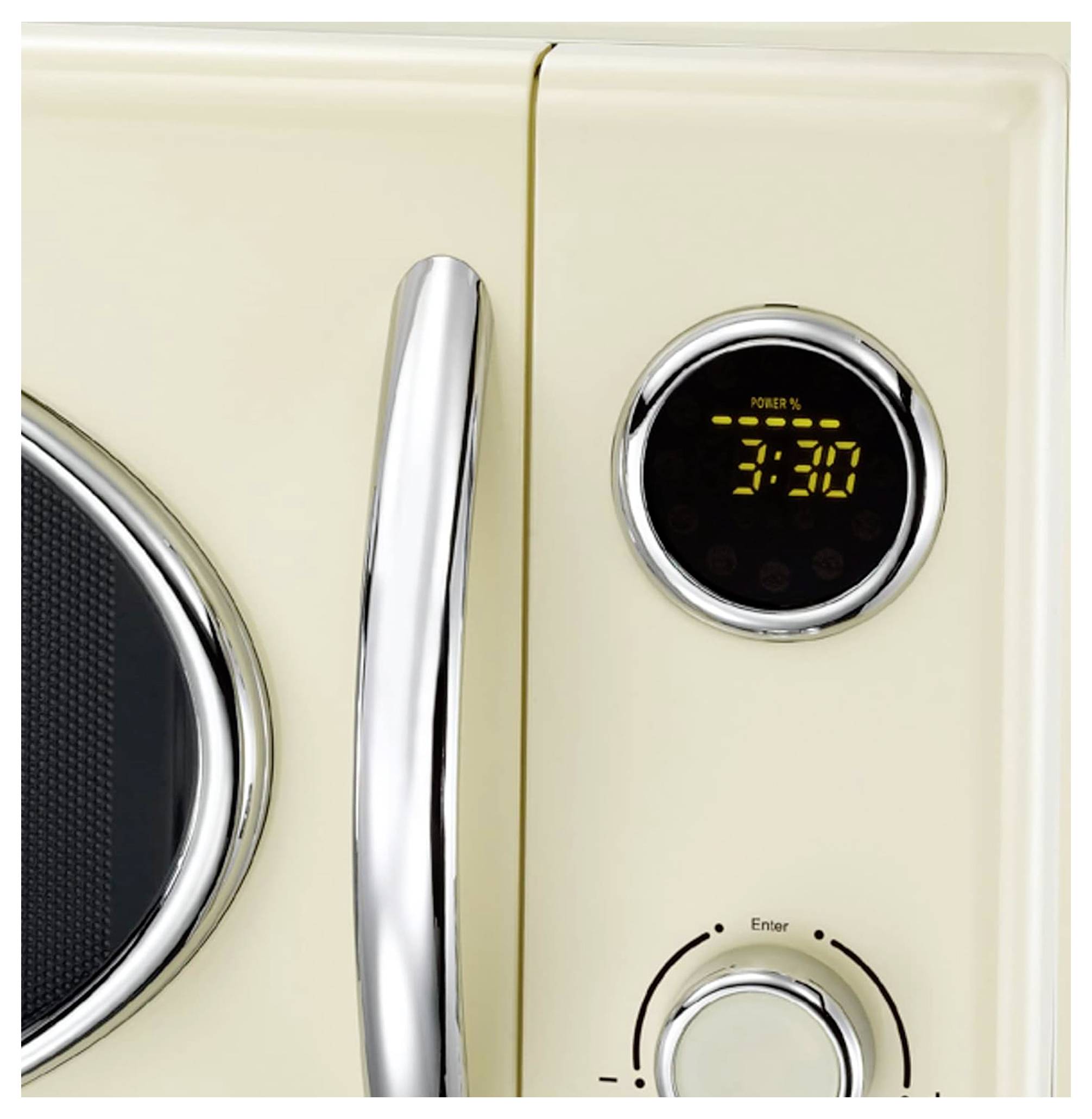 Un four à micro-ondes beige avec une poignée chromée, affichant '3:30' sur un écran rond numérique. Bouton de commande circulaire en dessous avec l'étiquette 'Entrée'.