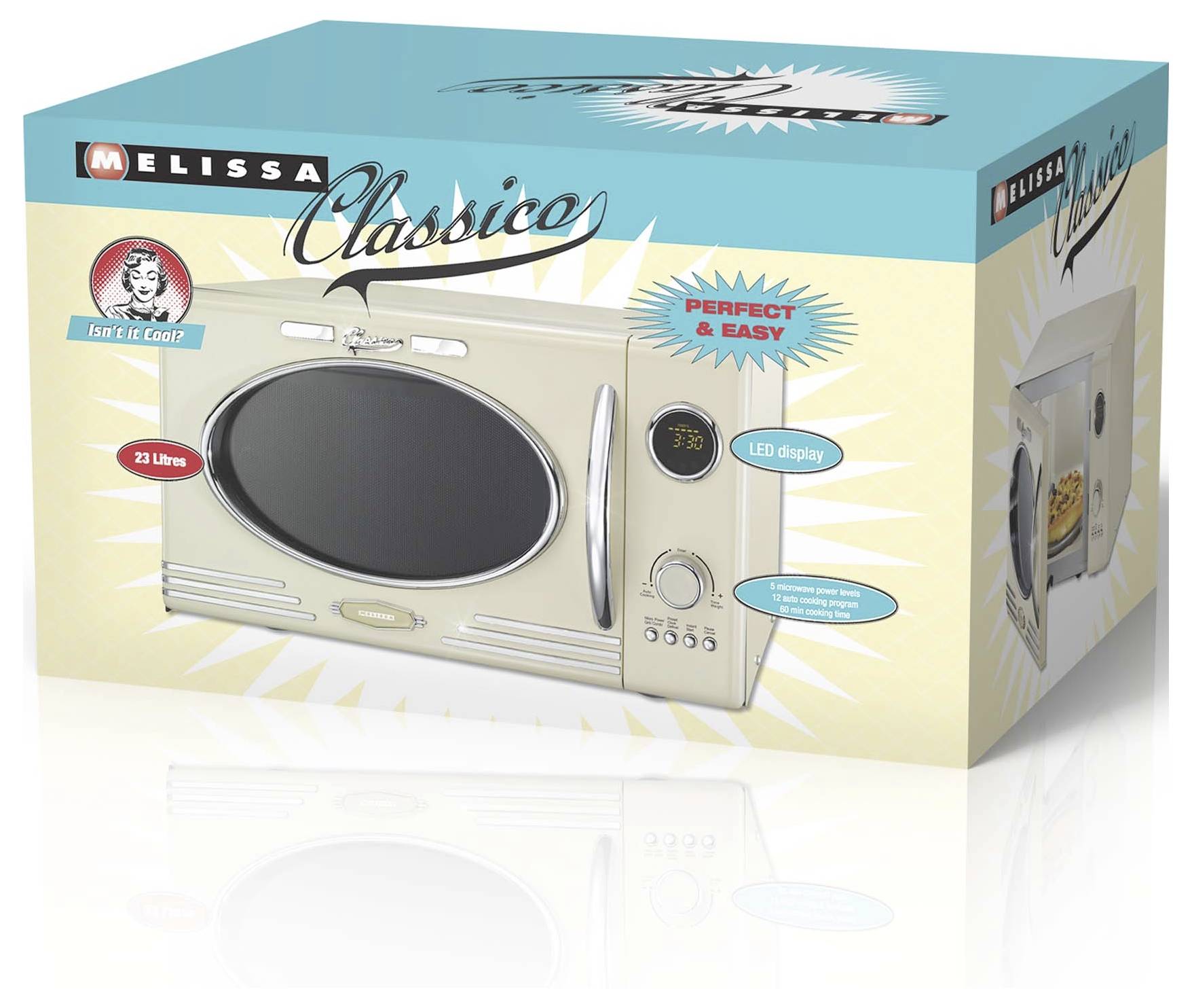 Emballage du micro-ondes 'Melissa Classico' présentant une image de l'appareil, décrit comme 'Parfait et Facile' avec une capacité de 23 litres et un affichage LED.