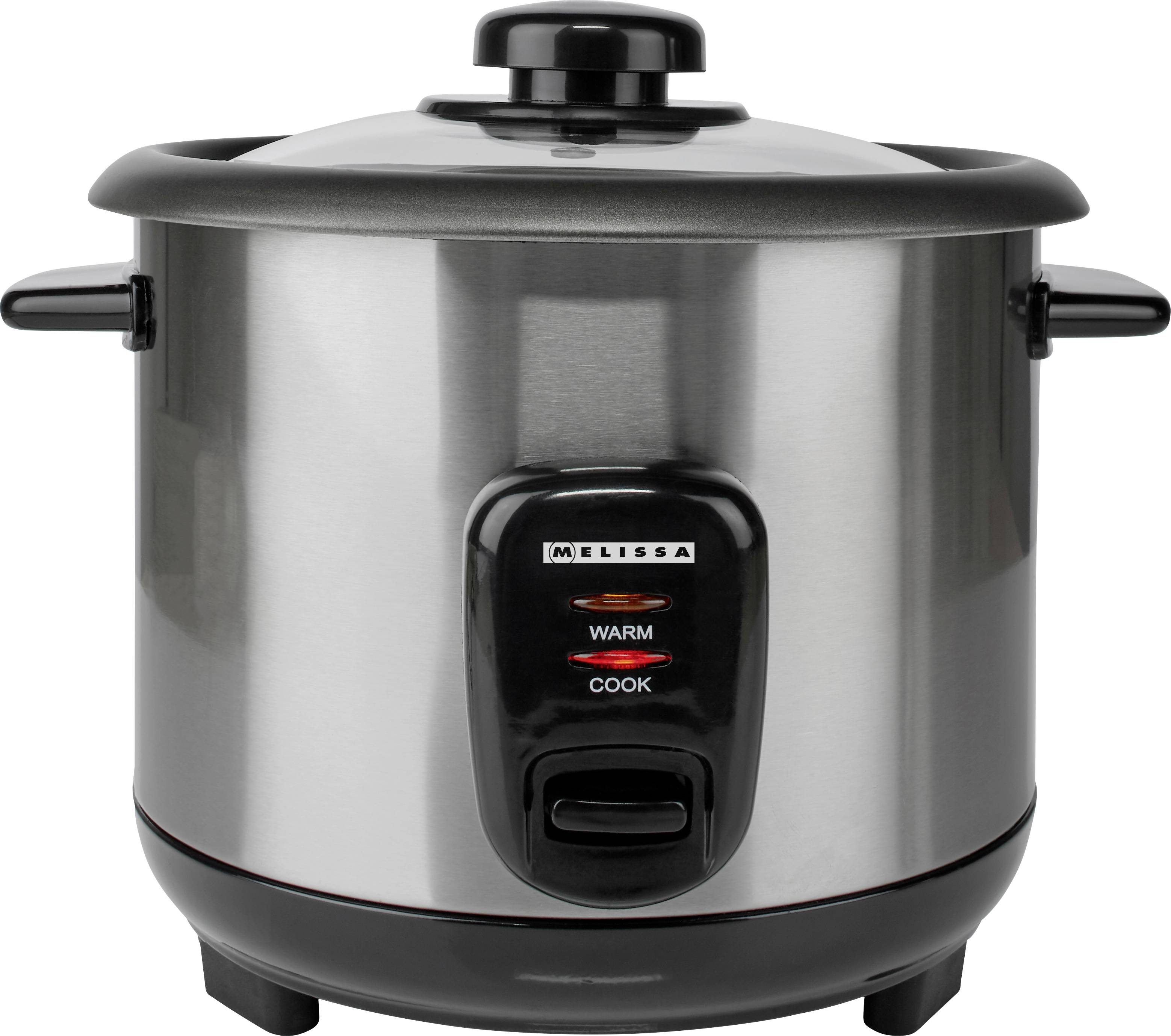 Un cuiseur à riz en argent avec des poignées et un couvercle noirs, équipé d'un panneau de commande avec des voyants pour les modes 'maintien au chaud' et 'cuisson'.