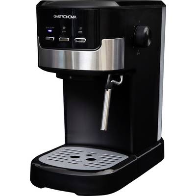 Machine à espresso avec mousseur à lait, en noir et acier inoxydable, dotée de trois boutons et d'un plateau égouttoir, de marque 'Gastronoma'.