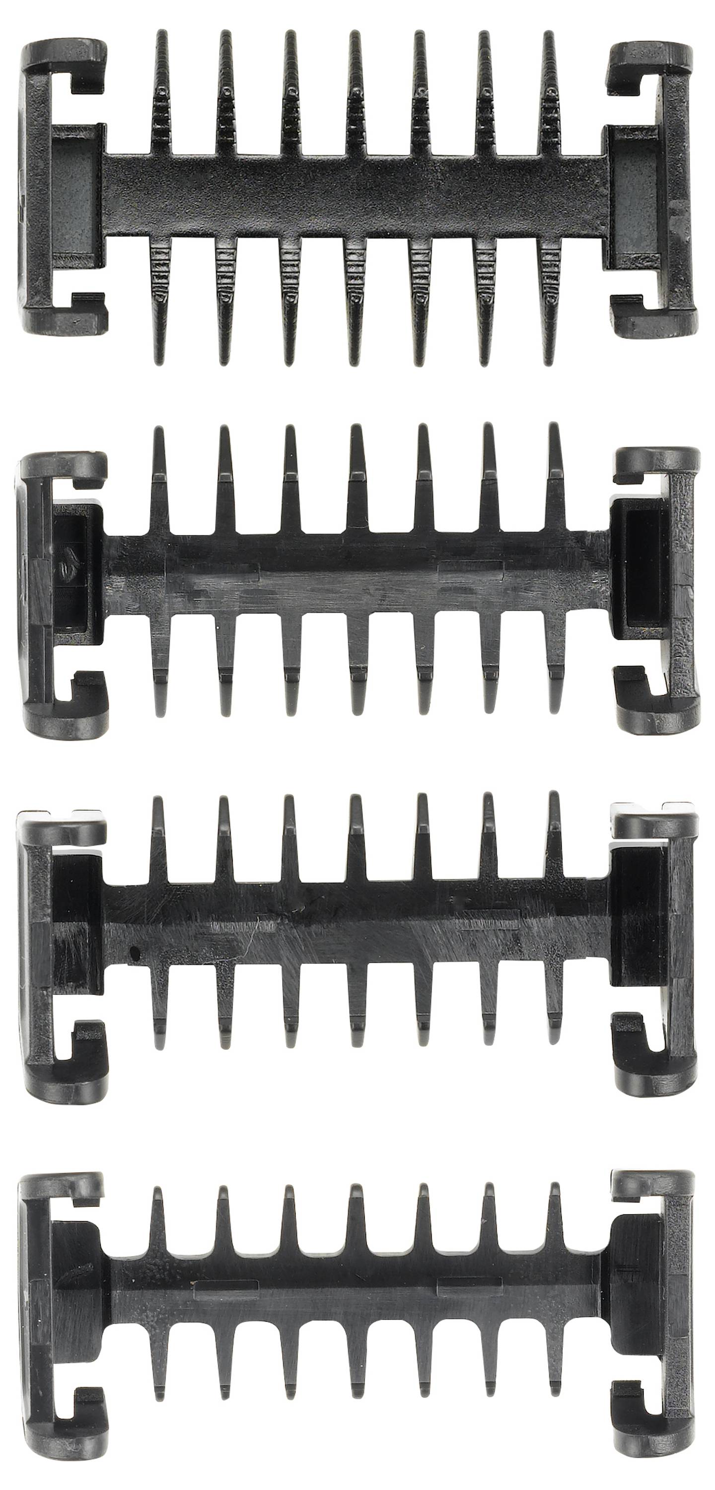 Cinq attaches de tondeuse en plastique noir, disposées verticalement.