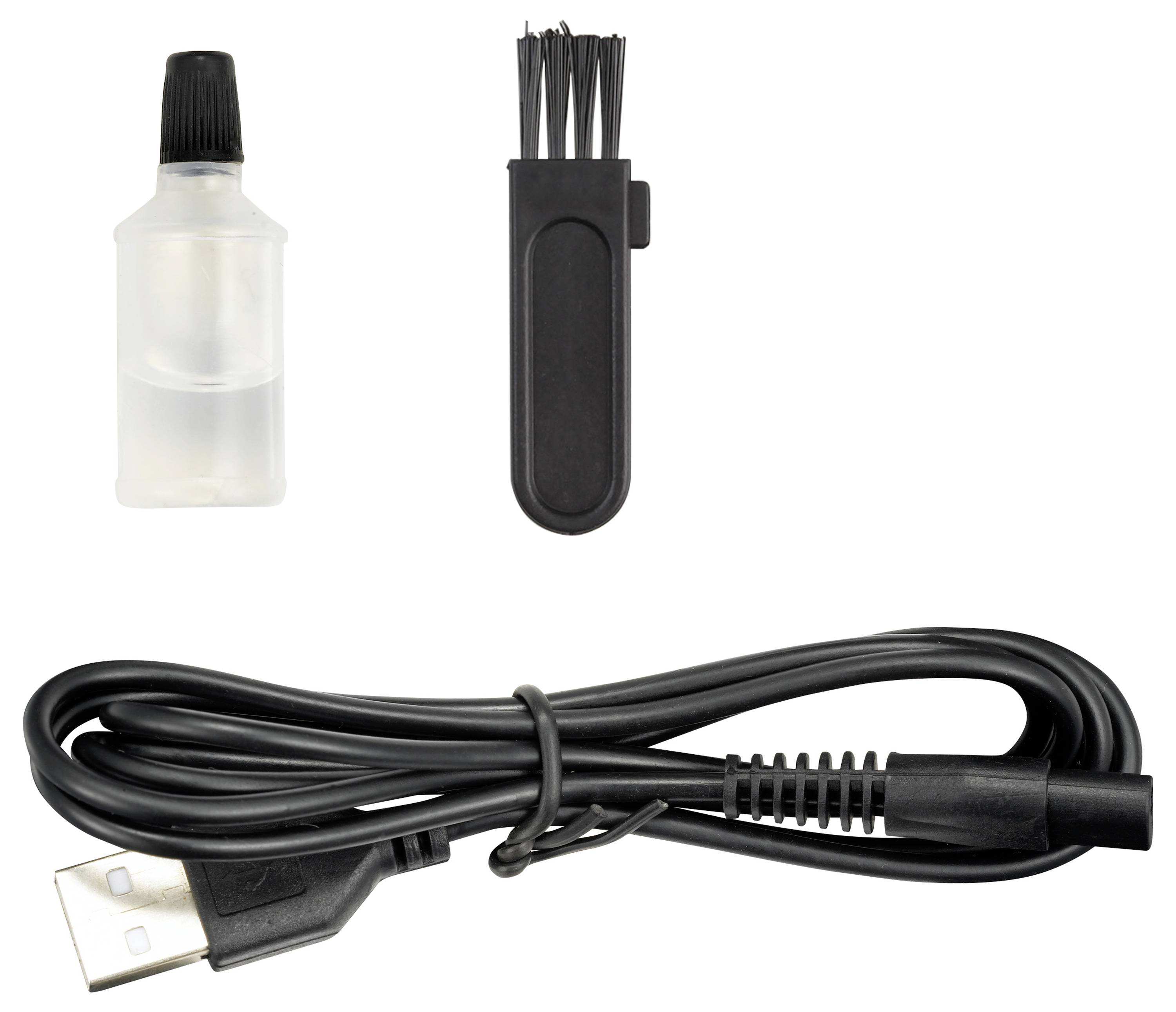 Une petite bouteille de solution nettoyante, un câble USB et une petite brosse avec un capuchon disposés côte à côte.