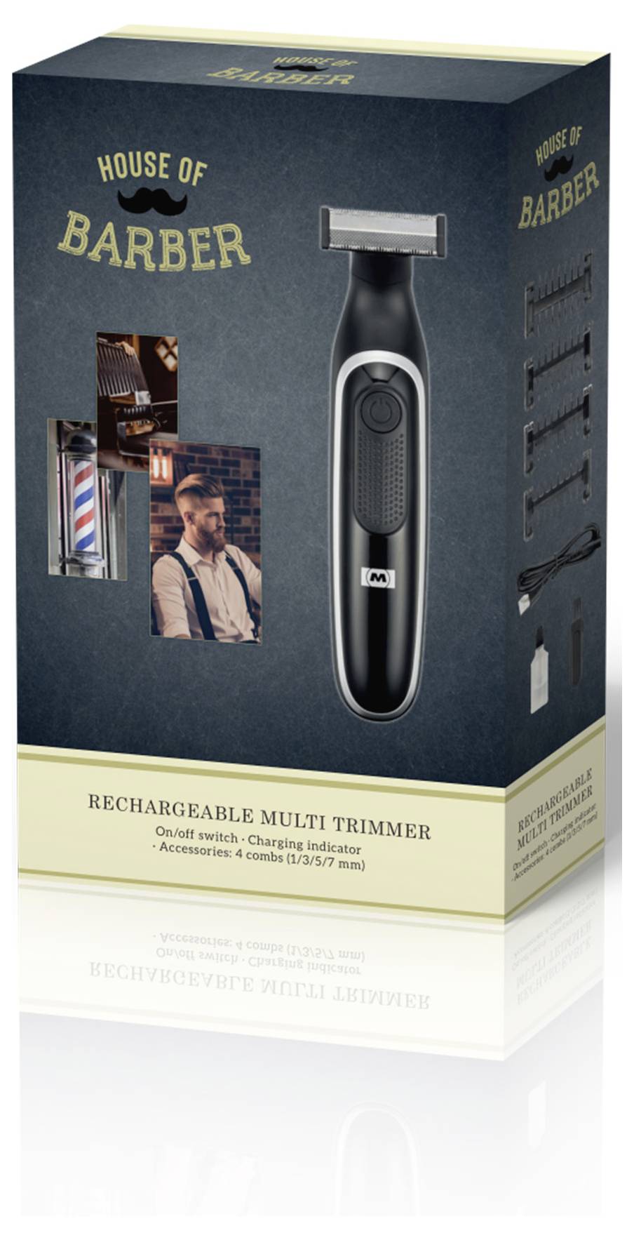 Tondeuse multifonction rechargeable avec emballage présentant le produit, ses accessoires inclus, et le nom de marque 'House of Barber.'
