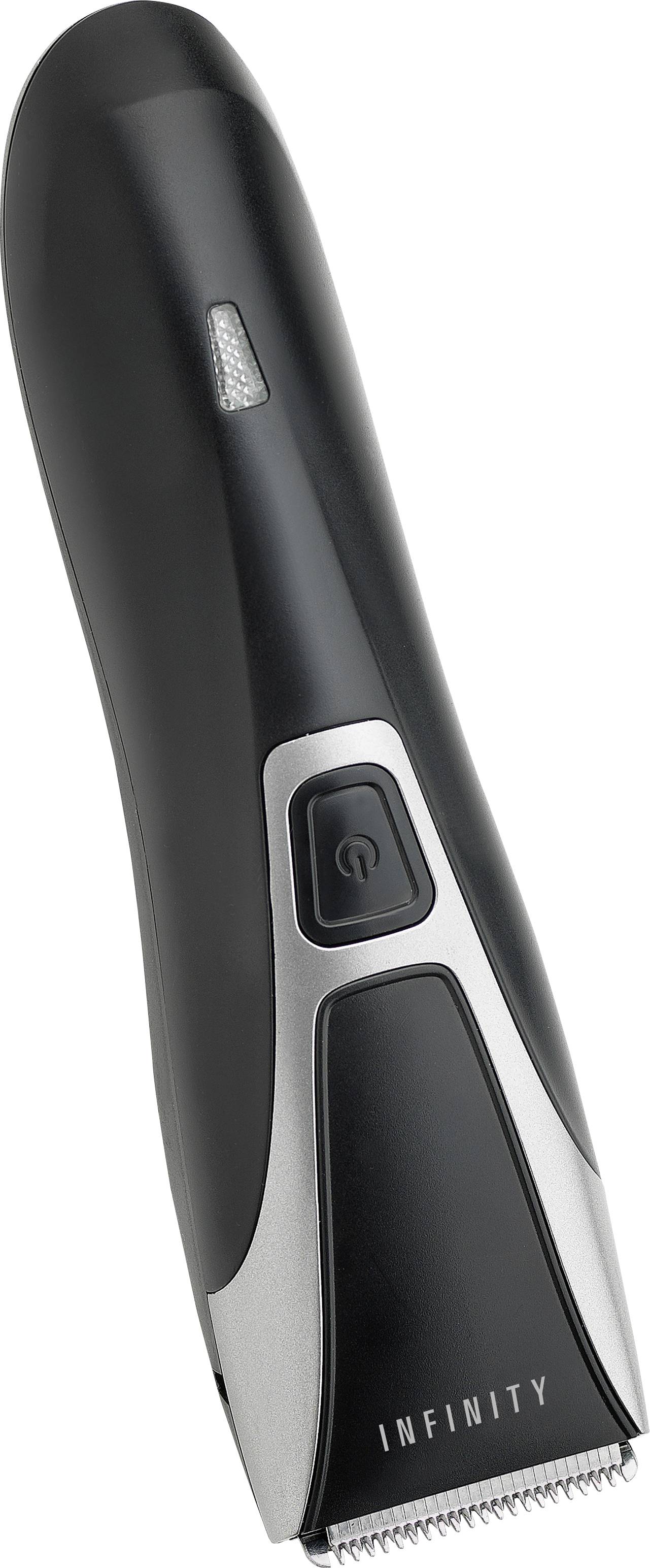 Tondeuse électrique au design élégant noir et argent, équipée d'un bouton marche/arrêt et portant le nom de marque 'INFINITY' près de la lame.