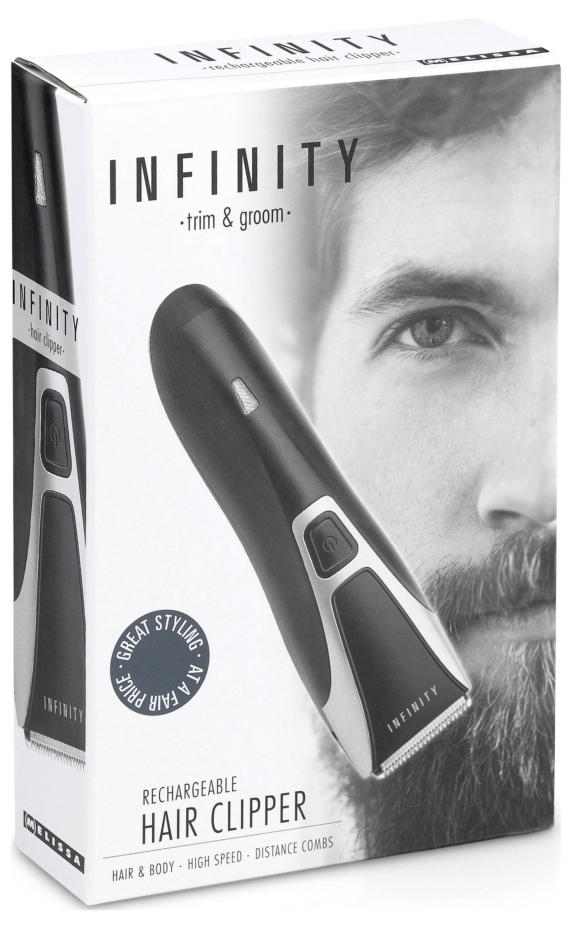 Boîte de tondeuses à cheveux rechargeables 'Infinity' avec un gros plan du visage barbu d'un homme. Comprend des fonctionnalités comme 'Tondre & Coiffer' et 'Style Parfait'.