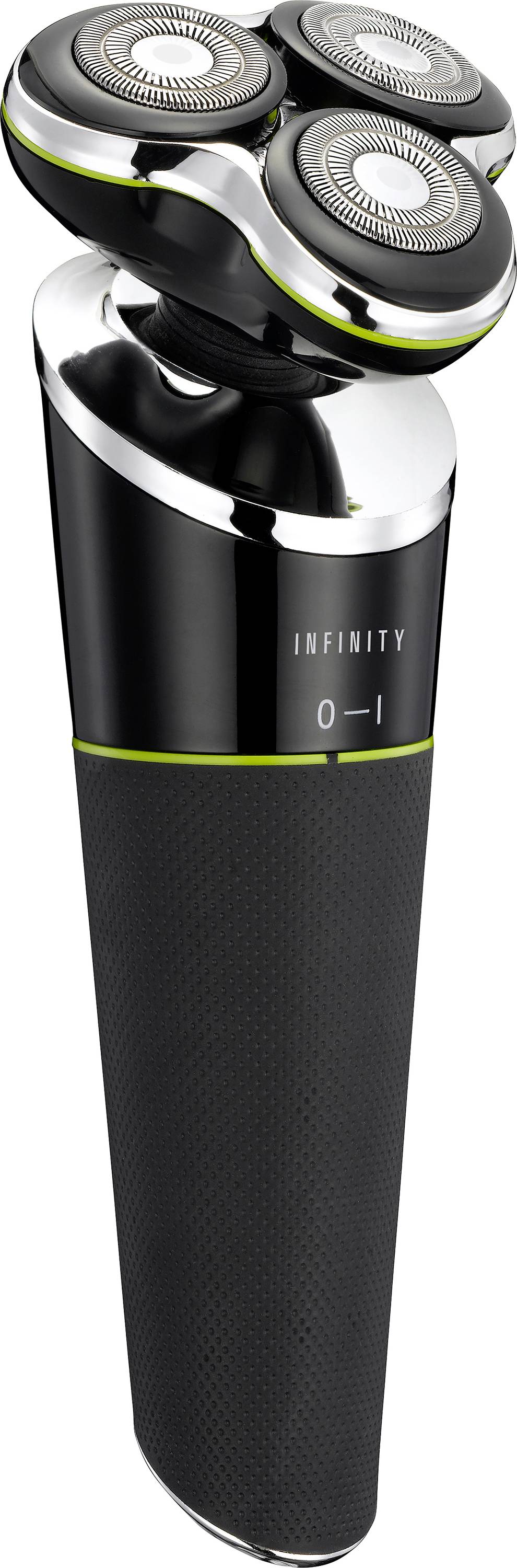 Rasoir électrique avec trois lames rotatives et une poignée élégante noire, doté d'une étiquette de marque « Infinity » et d'un interrupteur marche/arrêt.