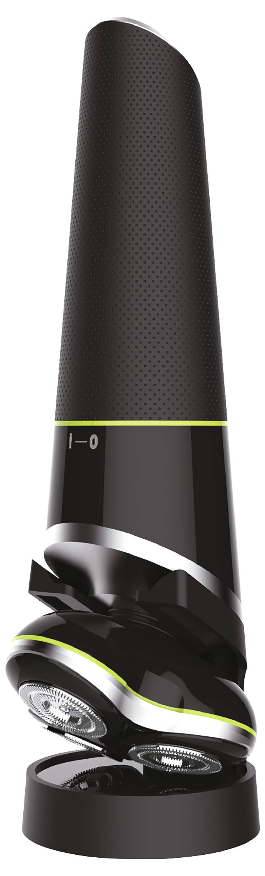 Un rasoir électrique noir moderne et élégant, à la conception conique et aux finitions métalliques, doté de trois lames rotatives circulaires.