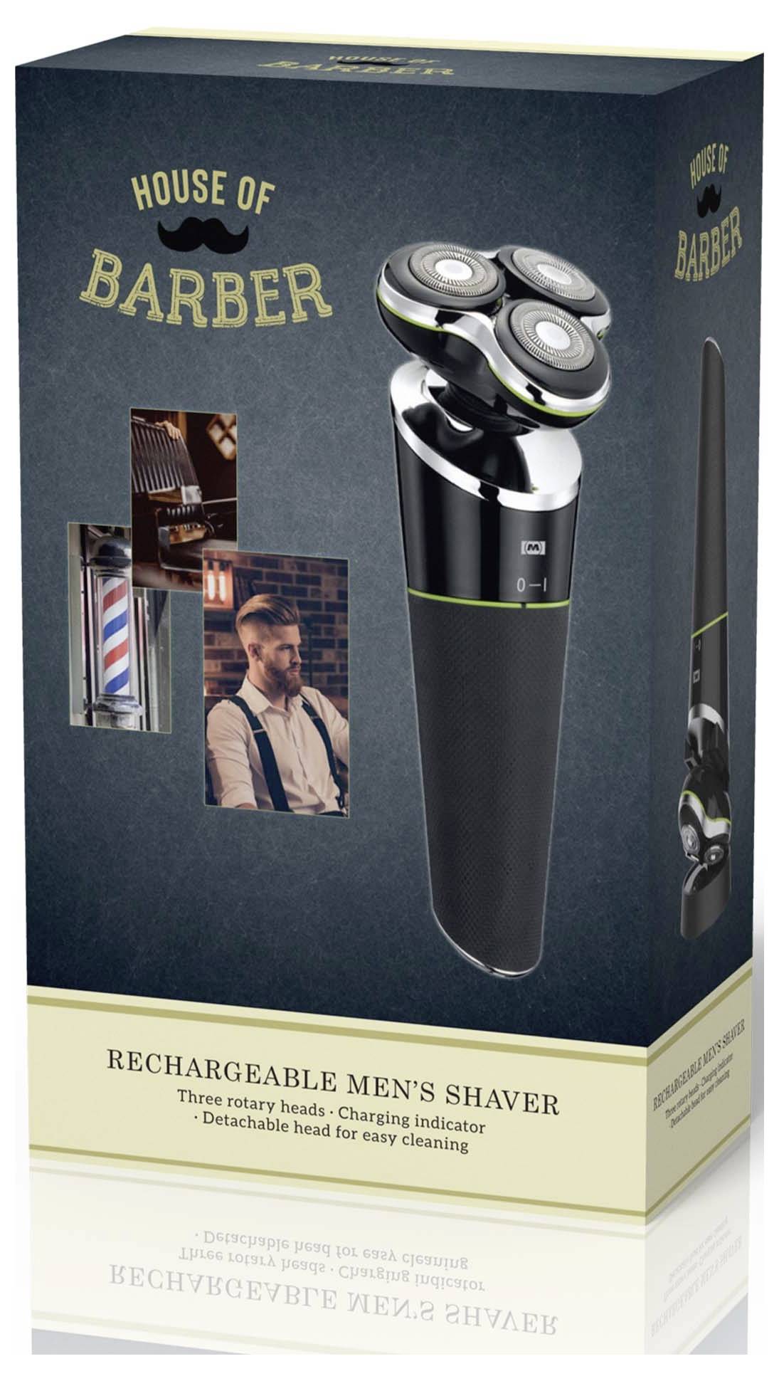 «Rasoir rechargeable pour hommes House of Barber» présente un rasoir moderne doté de trois têtes rotatives, d'un indicateur de charge et d'un système de nettoyage facile.
