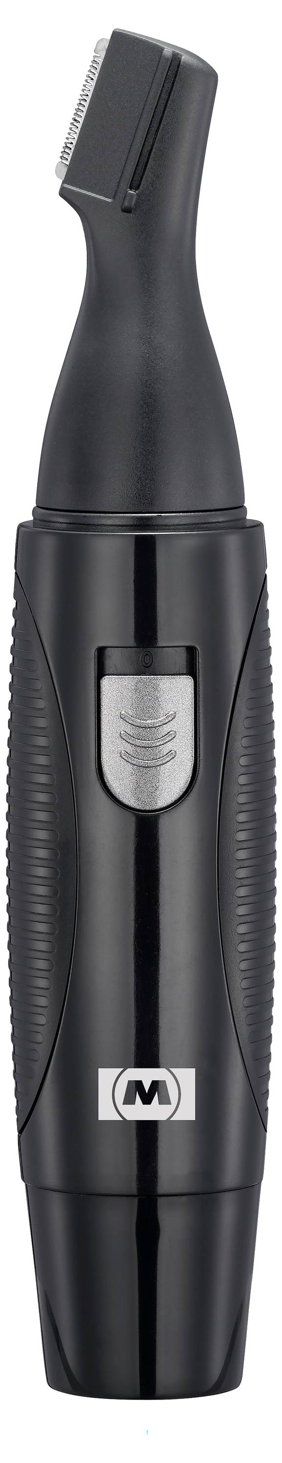 Un tondeuse électrique noire avec une tête incurvée et un bouton argenté au centre, conçue pour un toilettage et un détourage précis.