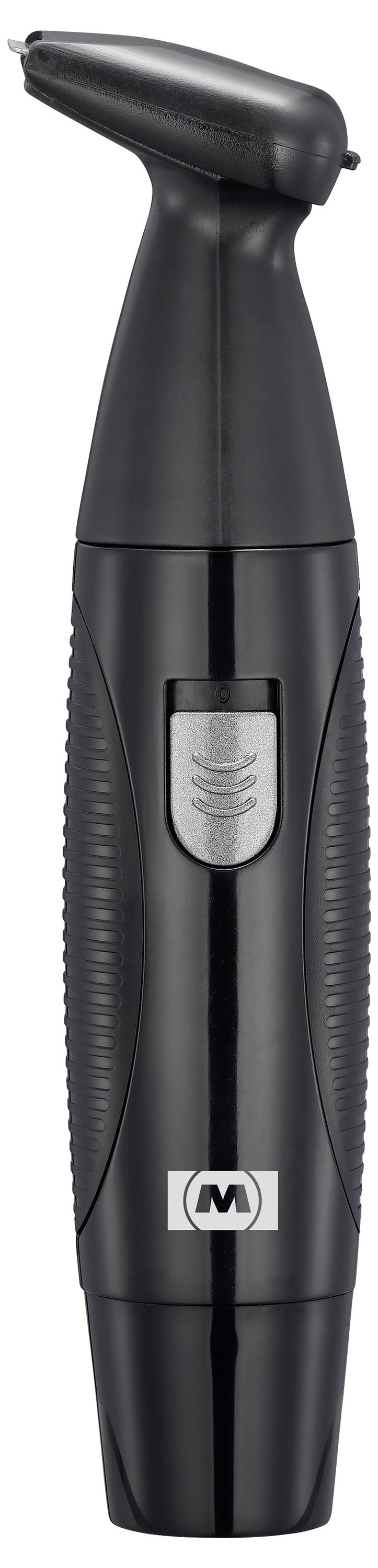 Un coupe-poils électrique portable noir pour le nez et les oreilles, avec un logo près du bas, muni d'un capuchon de protection sur la tête de coupe.