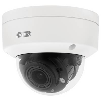 Une caméra de sécurité à dôme blanc avec le logo de la marque, équipée d'un objectif noir logé à l'intérieur d'un couvercle transparent.