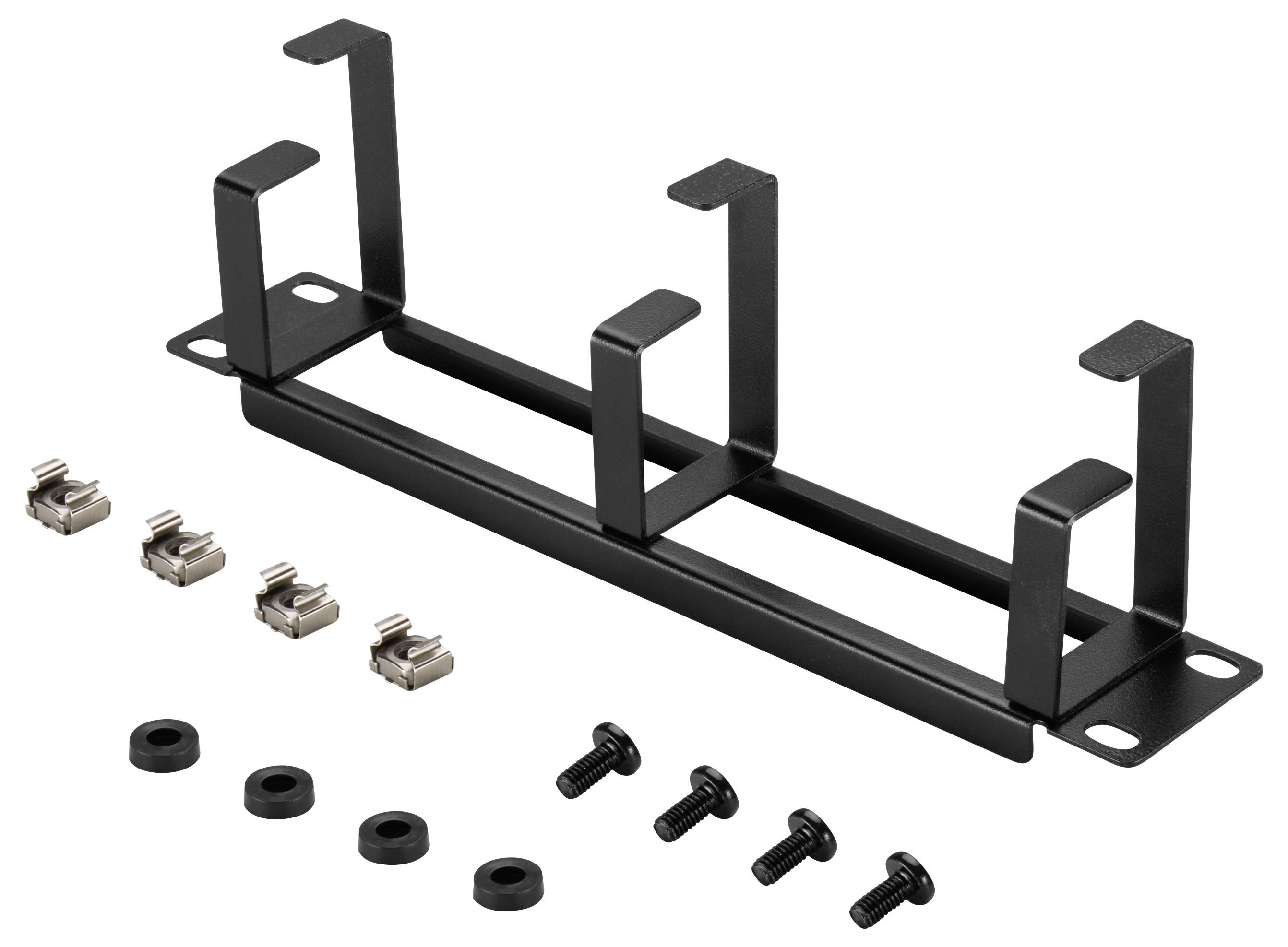 Kit d'étagère de serveur en métal noir avec trois supports en forme de U, vis de montage et entretoises en caoutchouc disposés sur un fond blanc.