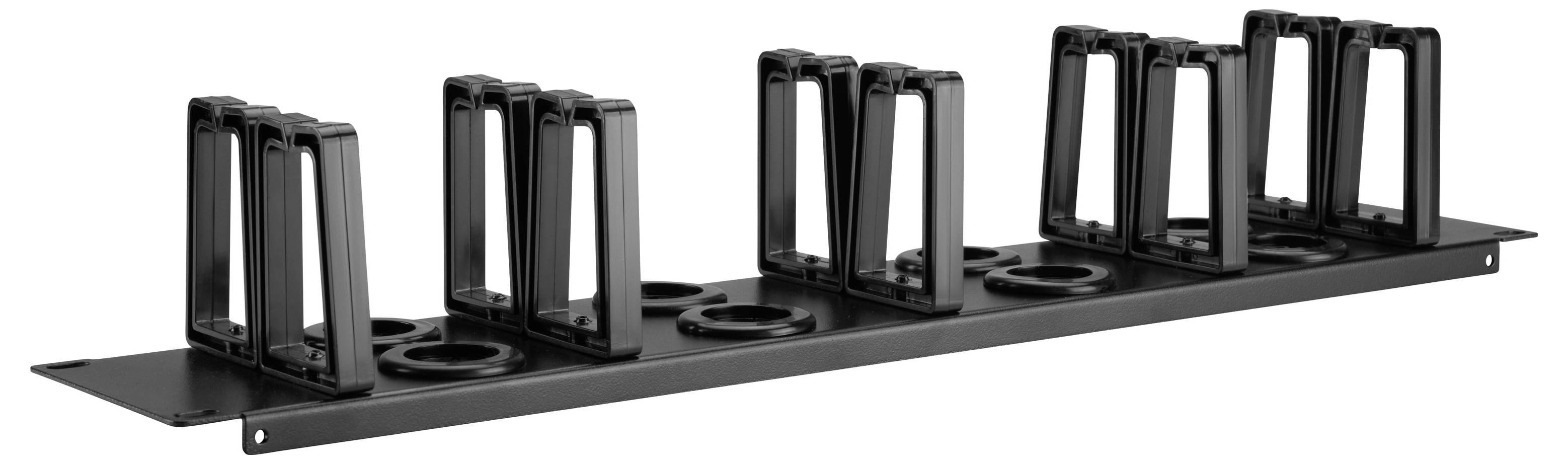 Rack de métal noir tenant cinq conteneurs ou supports cylindriques verticaux montés en rangée sur une base rectangulaire.
