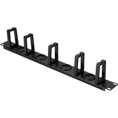 Étagère en métal noir avec cinq supports en forme de U verticaux et des trous de fixation aux deux extrémités, présentée sur un fond blanc.