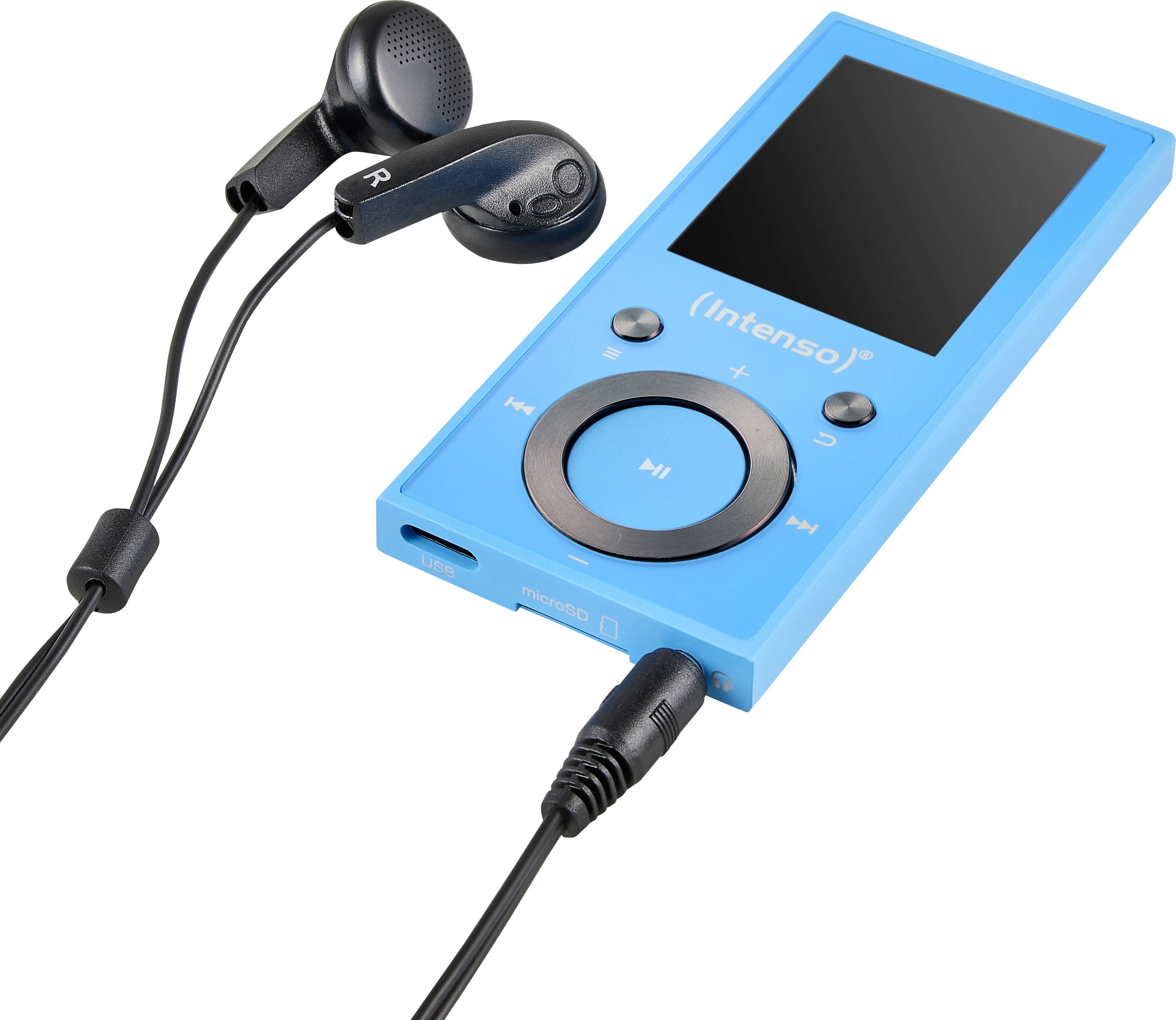 Un lecteur de musique portable bleu avec un écran, des commandes marquées de symboles, connecté à des écouteurs noirs.