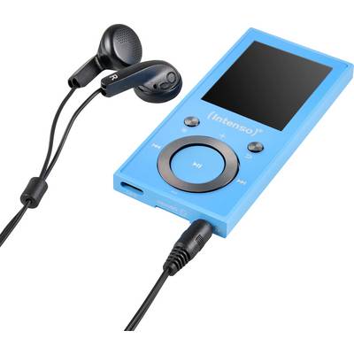 Un lecteur de musique portable bleu avec un écran, des commandes marquées de symboles, connecté à des écouteurs noirs.