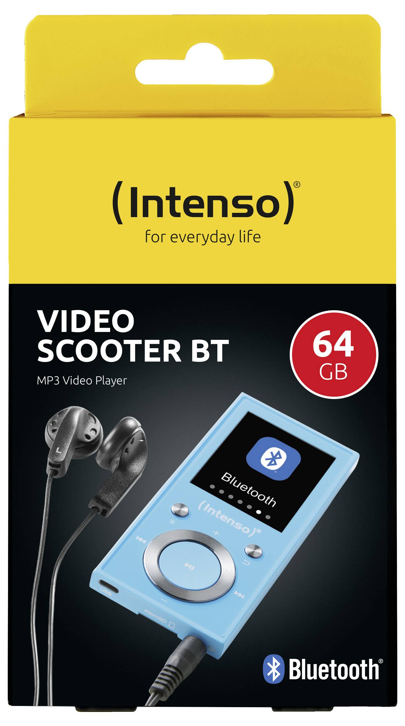 Lecteur MP3 vidéo Intenso Video Scooter BT de 64 Go avec Bluetooth, présenté en bleu. Le package comprend des écouteurs, avec les caractéristiques affichées sur le boîtier.