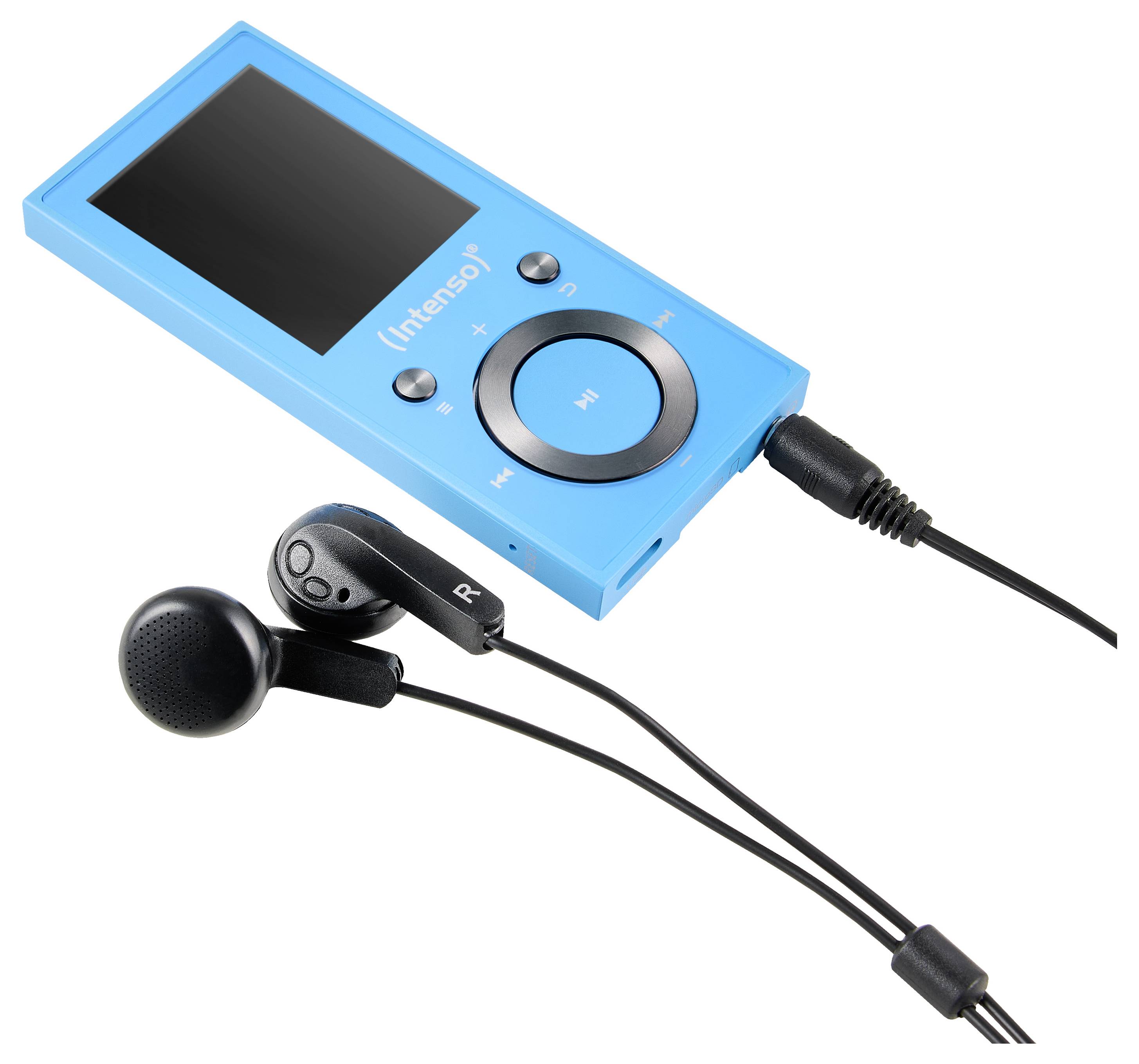 Un lecteur MP3 portable bleu avec un écran et des boutons de contrôle circulaires, relié à une paire d'écouteurs noirs.