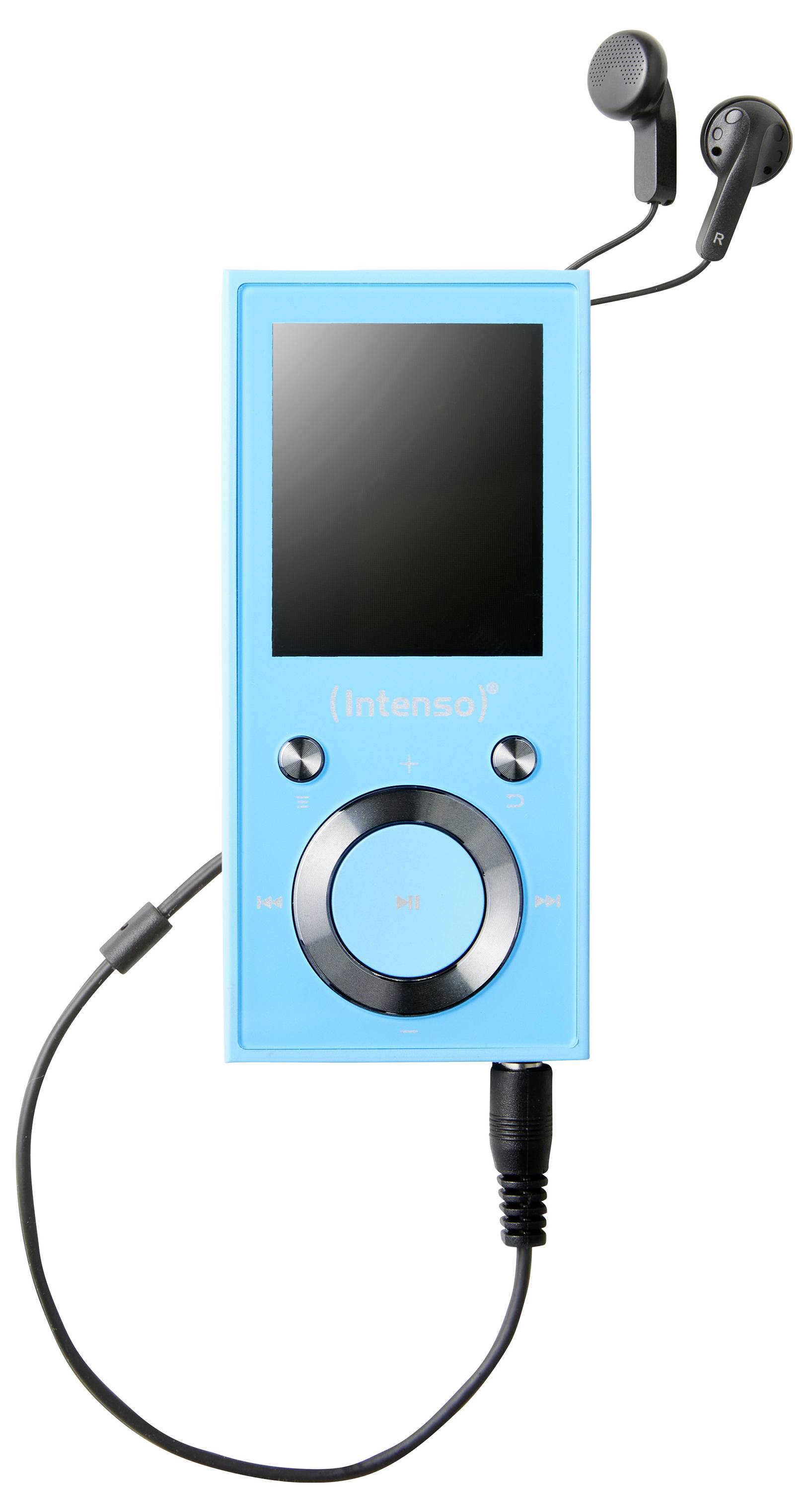 Un lecteur multimédia portable bleu avec un petit écran et un pavé de commande circulaire, portant l'étiquette 'Intenso', relié à des écouteurs.
