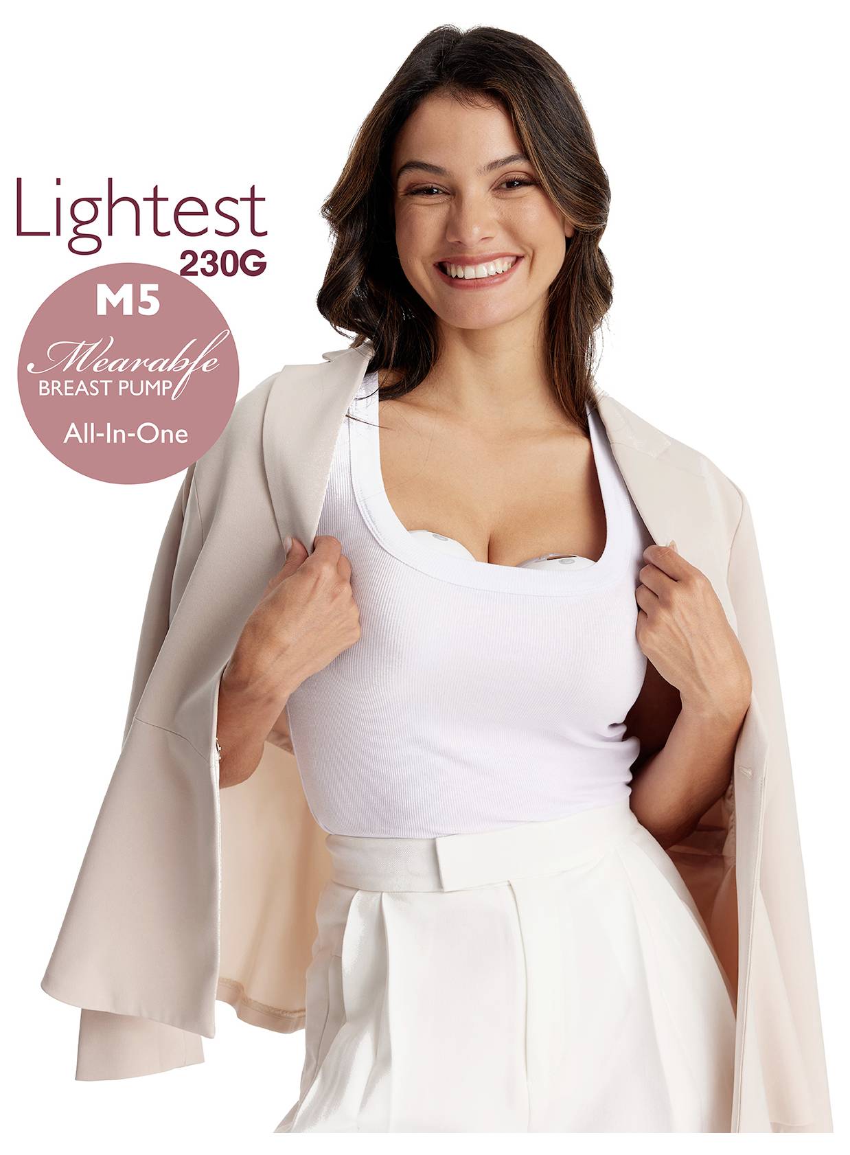Femme souriante, portant un haut blanc et un blazer beige, faisant la promotion du tire-lait portable M5. Texte indiquant : Le plus léger à 230G, Tout-en-un.