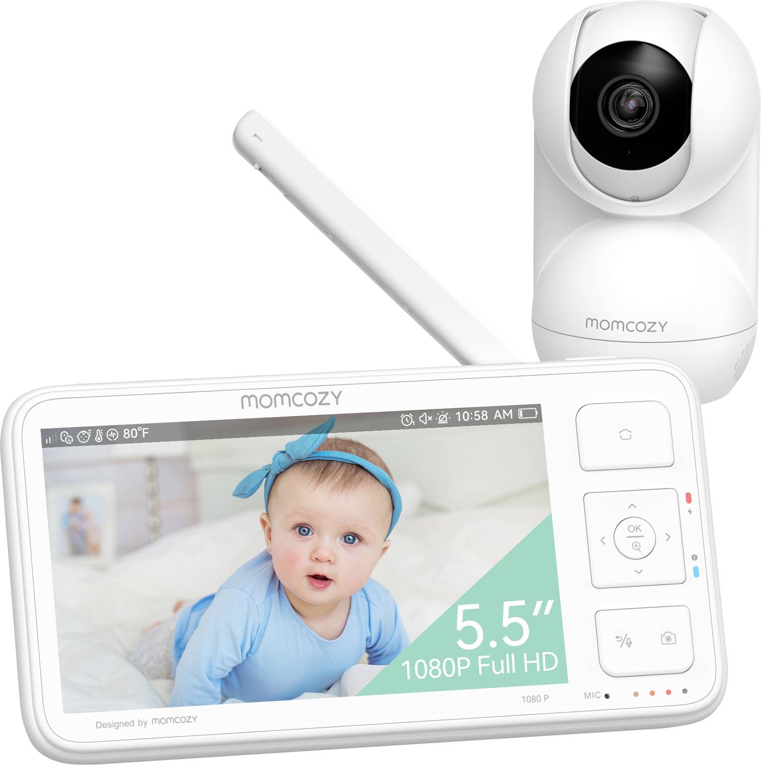 Babyphone avec caméra et écran. L'affichage montre un bébé couché sur un lit, avec le texte « 5,5" 1080P Haute Définition ».