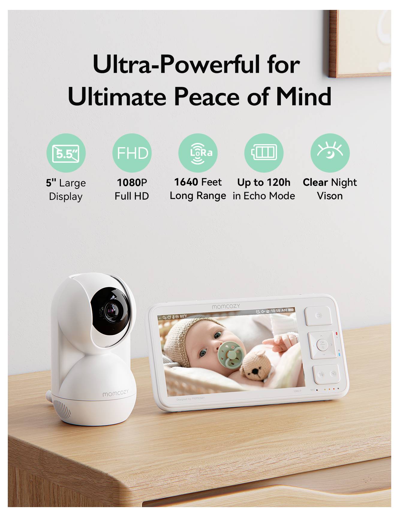 Un baby monitor blanc posé sur une table affichant un bébé endormi. Texte au-dessus : Ultra-Puissant pour une Tranquillité d'Esprit Ultime.