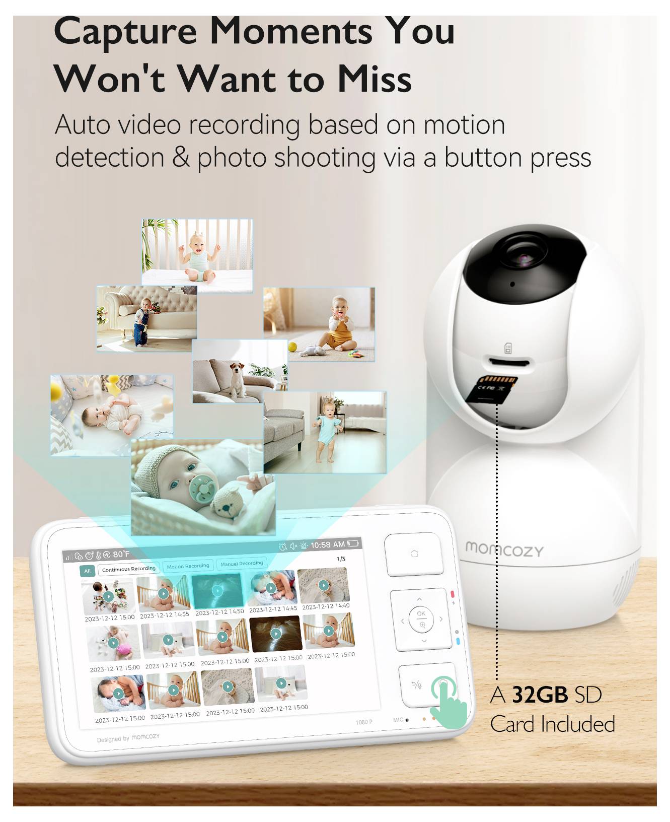 Moniteur bébé intelligent avec caméra et interface d'application, mettant en avant les fonctionnalités d'enregistrement vidéo et de détection de mouvement. Comprend une carte SD de 32 Go.