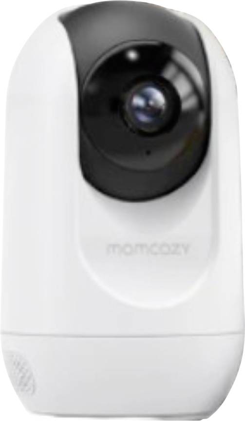 Une caméra de sécurité domestique en blanc et noir, avec un objectif situé au centre supérieur, conçue pour la surveillance intérieure.