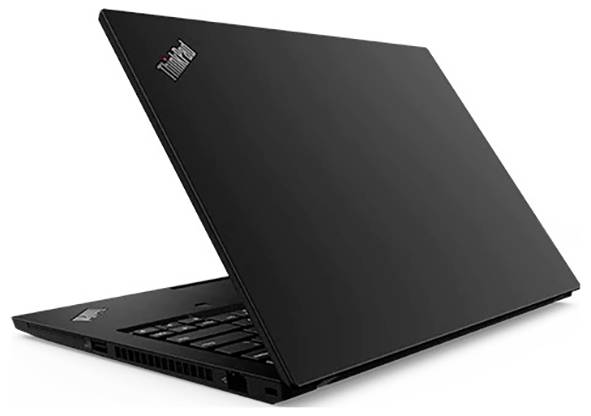 Un ordinateur portable noir partiellement ouvert avec un logo dans le coin supérieur gauche du couvercle, montrant un profil latéral du clavier et des ports.