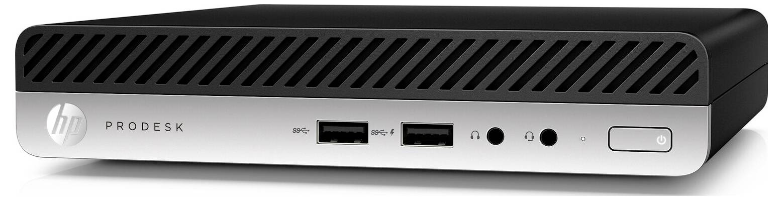 Mini-ordinateur de bureau HP ProDesk avec un panneau avant argenté affichant le nom de la marque, deux ports USB, une prise audio et un bouton d'alimentation.