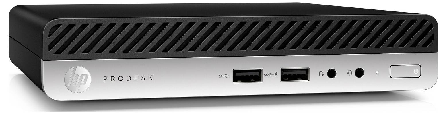 Un ordinateur compact en argent et noir avec l'étiquette 'HP ProDesk' à l'avant, doté de ports USB et d'un bouton d'alimentation.