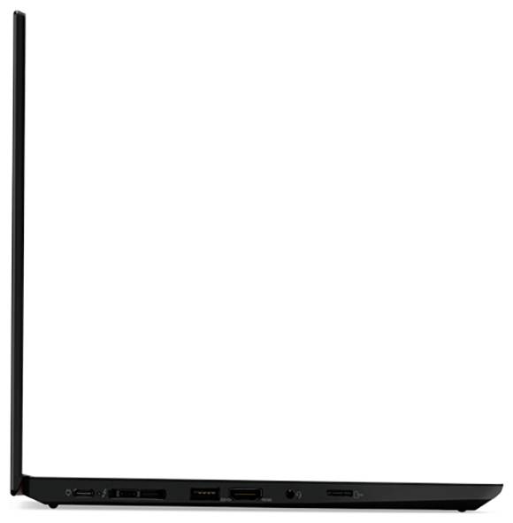 Vue de côté d'un ordinateur portable noir élégant et fin, montrant divers ports tels que USB, HDMI et prise casque, soulignant son profil fin et compact.